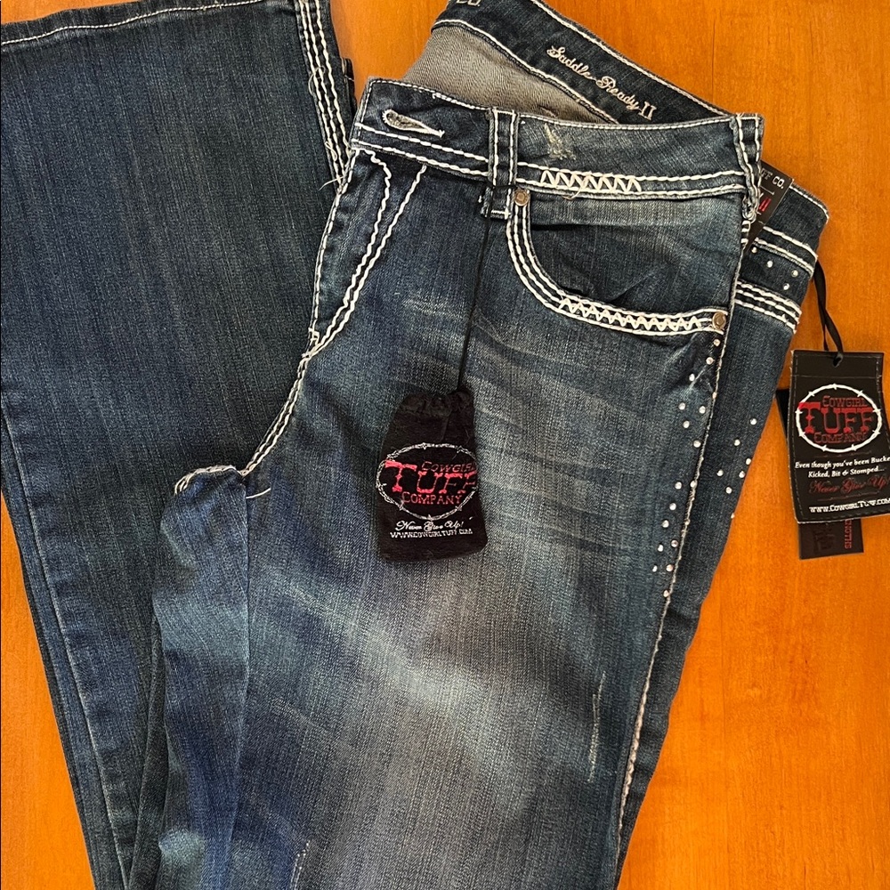 Cowgirl Tuff Blue Jeans with White Embroidery